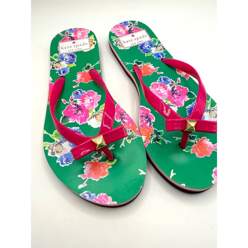Kate Spade New York Flip Flops Womens Size 6 Green Floral Bow Studded